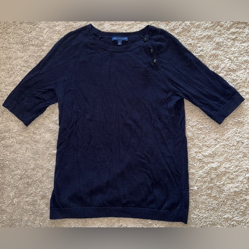 RSVP by TALBOTS blue metallic short sleeve stretchy sweater top Small s
